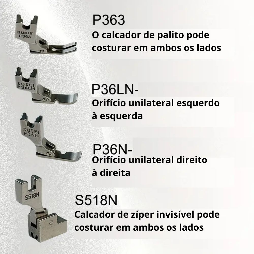 Conjunto de 4 Pés de Calcadores para Zíper Máquinas de Costura Industrial