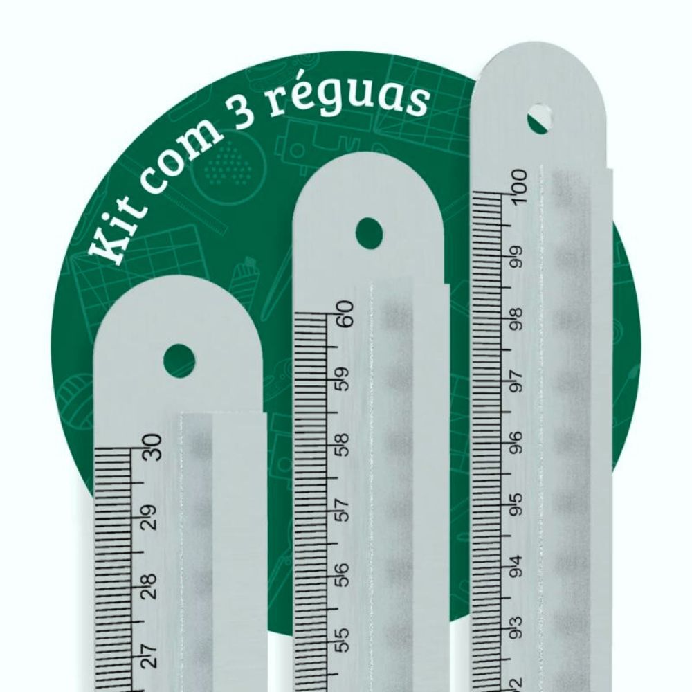 Kit 3 Réguas 30 60 e 100cm Aço Inoxidável Com Proteção Para Dedos
