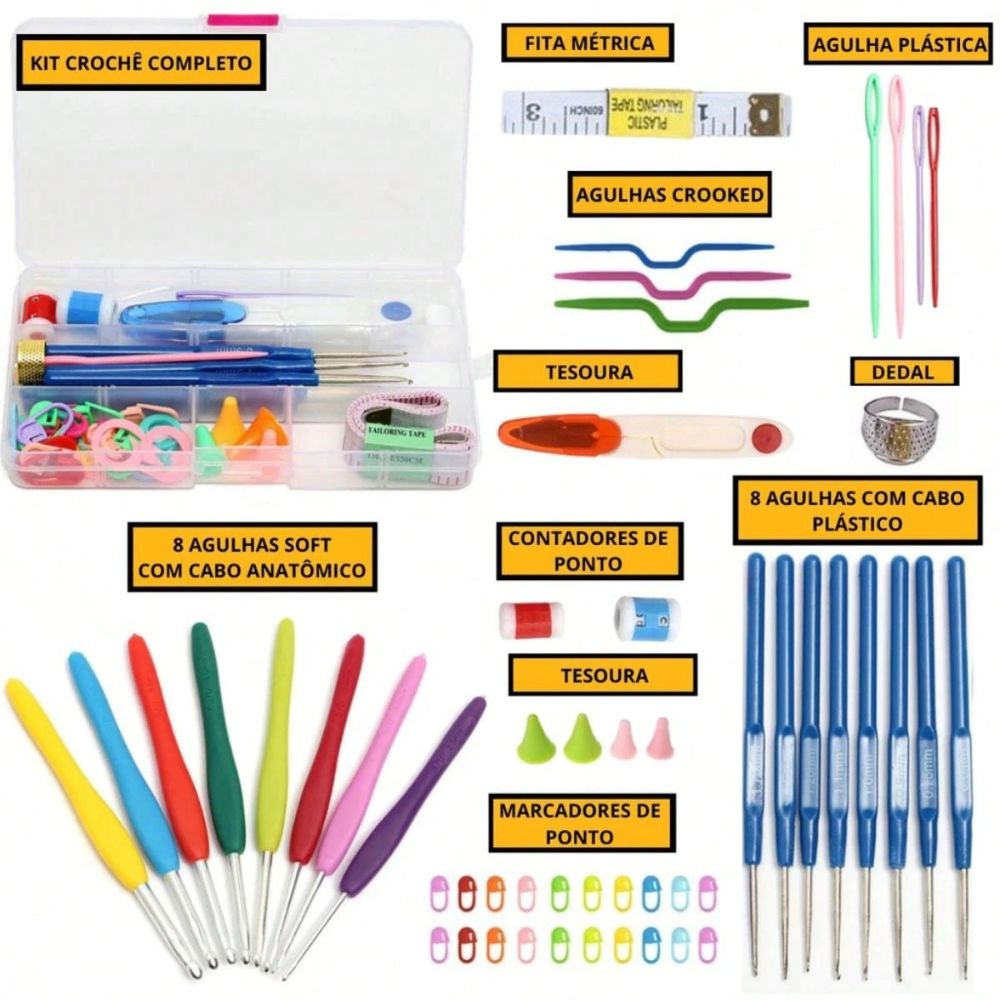 Kit Crochê Com 16 Agulhas Acessórios e Caixa Organizadora