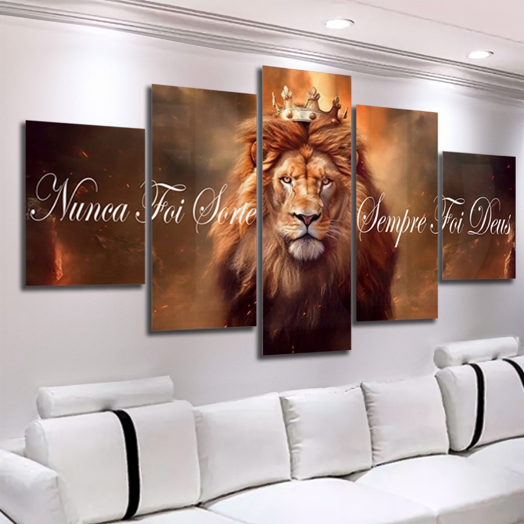 Quadros Decorativos Mosaico Leão Rei Nunca Foi Sorte Sempre Foi Deus 5 Peças Sala Quarto