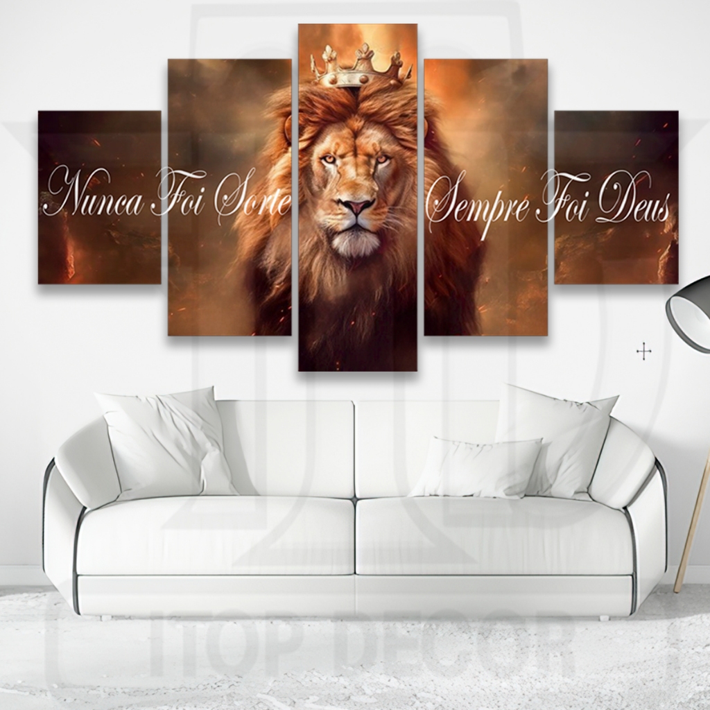 Quadros Decorativos Mosaico Leão Rei Nunca Foi Sorte Sempre Foi Deus 5 Peças Sala Quarto