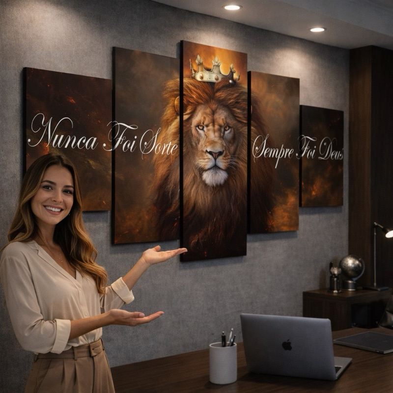 Quadros Decorativos Mosaico Leão Rei Nunca Foi Sorte Sempre Foi Deus 5 Peças Sala Quarto