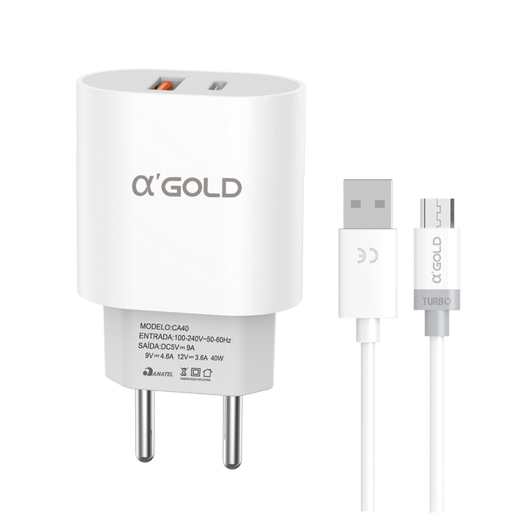 Carregador Turbo CA40 40w Usb Para iPhone Tipo-C V8 Cor Branco