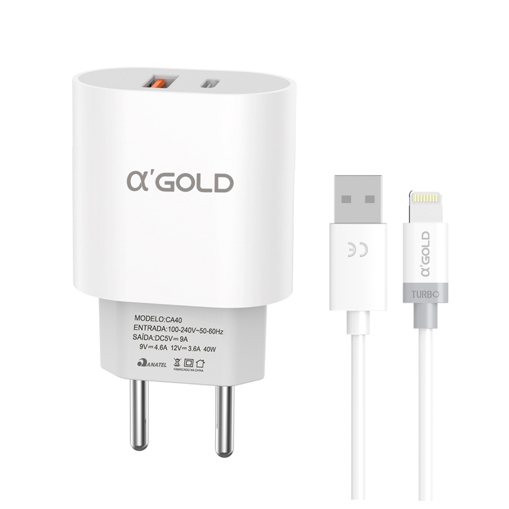 Carregador Turbo CA40 40w Usb Para iPhone Tipo-C V8 Cor Branco