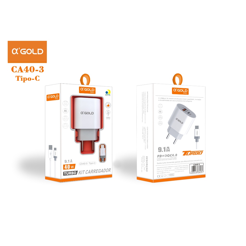 Carregador Turbo CA40 40w Usb Para iPhone Tipo-C V8 Cor Branco