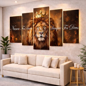 Quadros Decorativos Mosaico Leão Rei Nunca Foi Sorte Sempre Foi Deus 5 Peças Sala Quarto
