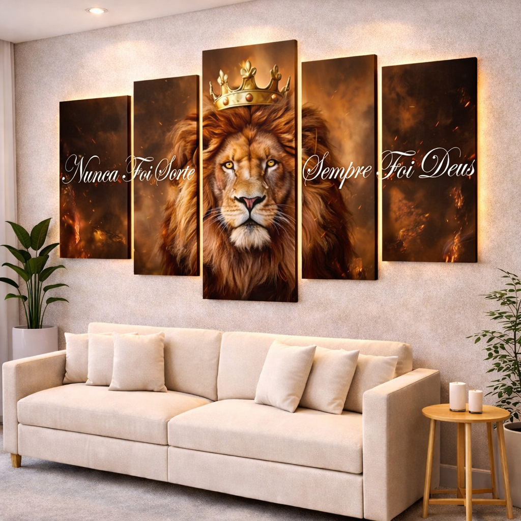Quadros Decorativos Mosaico Leão Rei Nunca Foi Sorte Sempre Foi Deus 5 Peças Sala Quarto