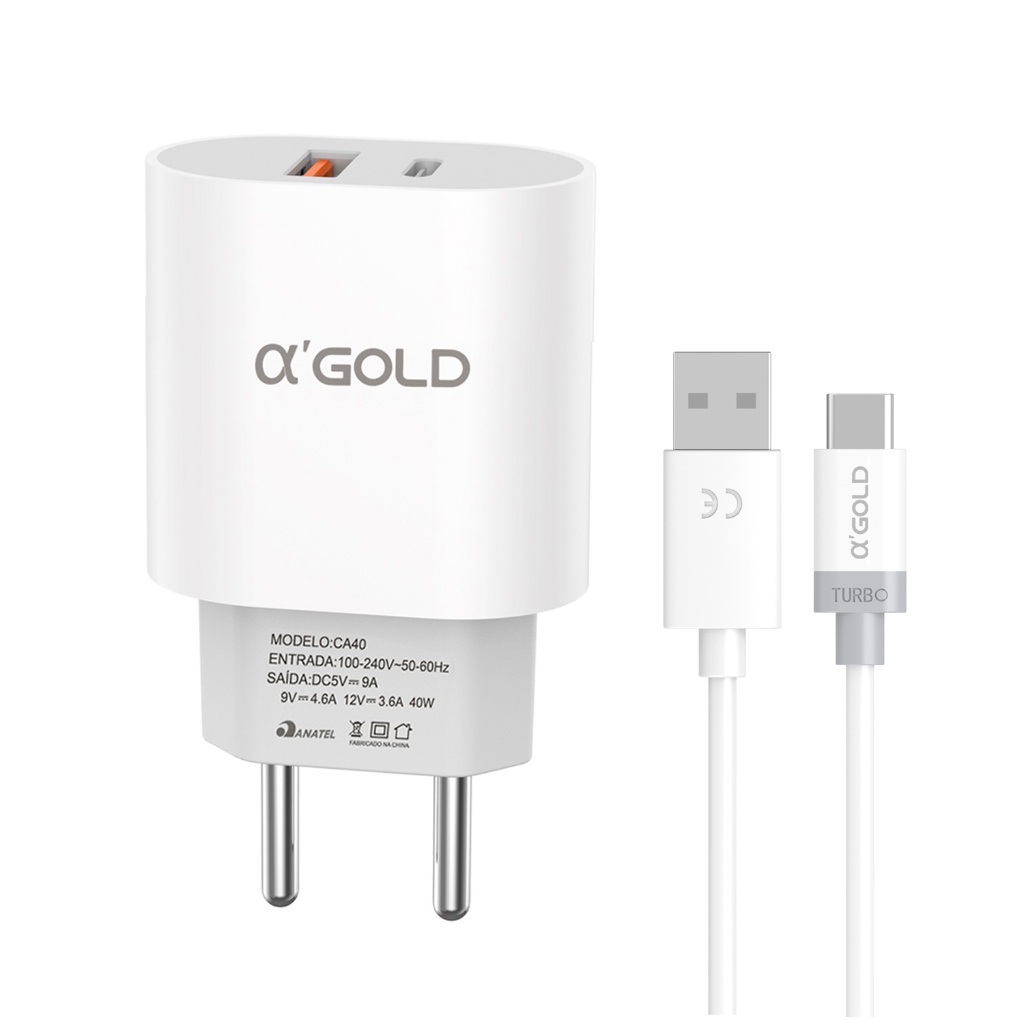 Carregador Turbo CA40 40w Usb Para iPhone Tipo-C V8 Cor Branco
