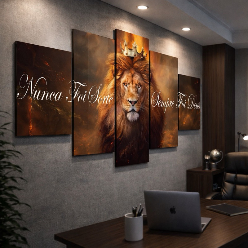 Quadros Decorativos Mosaico Leão Rei Nunca Foi Sorte Sempre Foi Deus 5 Peças Sala Quarto