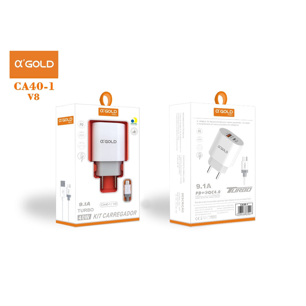 Carregador Turbo CA40 40w Usb Para iPhone Tipo-C V8 Cor Branco