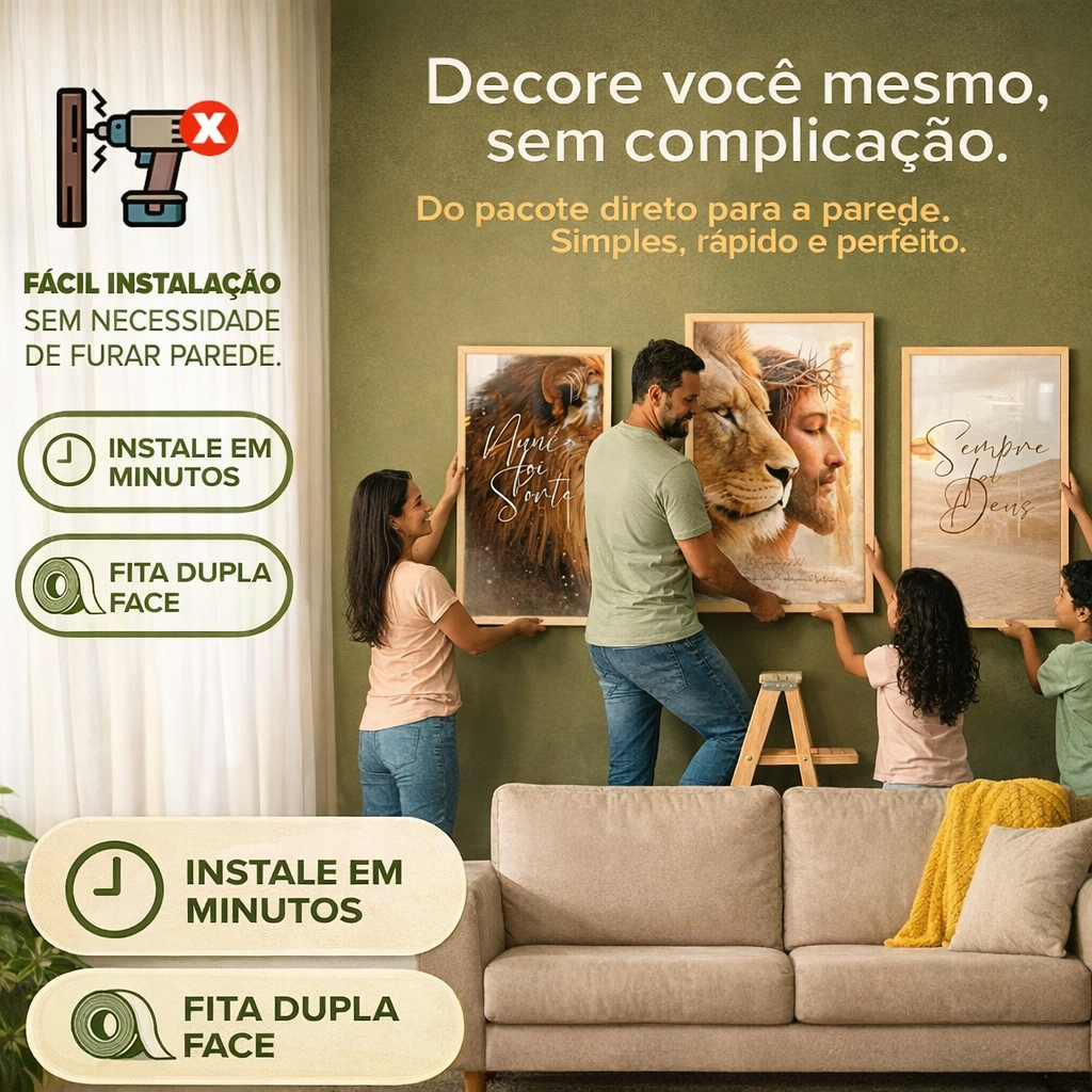 Quadros Decorativos Mosaico Leão Rei Nunca Foi Sorte Sempre Foi Deus 5 Peças Sala Quarto