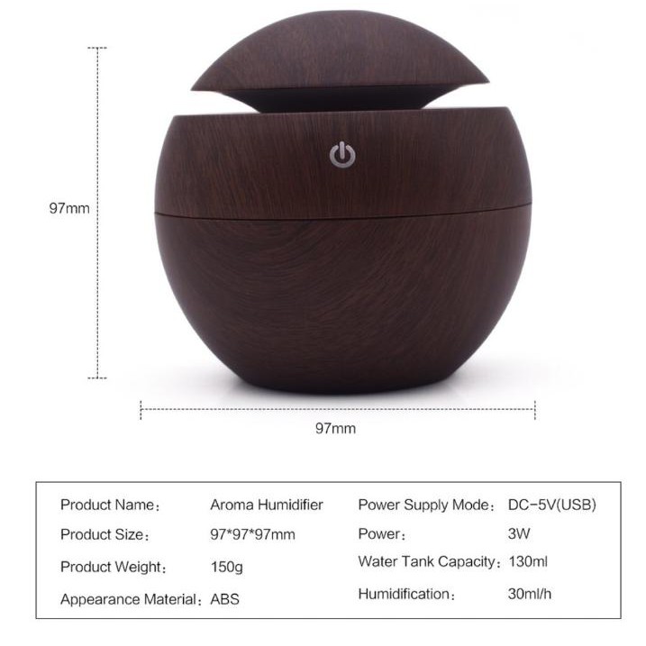 Umidificador Ultrassônico Difusor USB Tipo Madeira Led 130ml Marrom Escuro